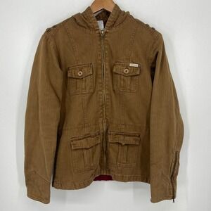 Billabong Girls Brown Herringbone Utility Hooded Jacket Size Large Vtg Y2K